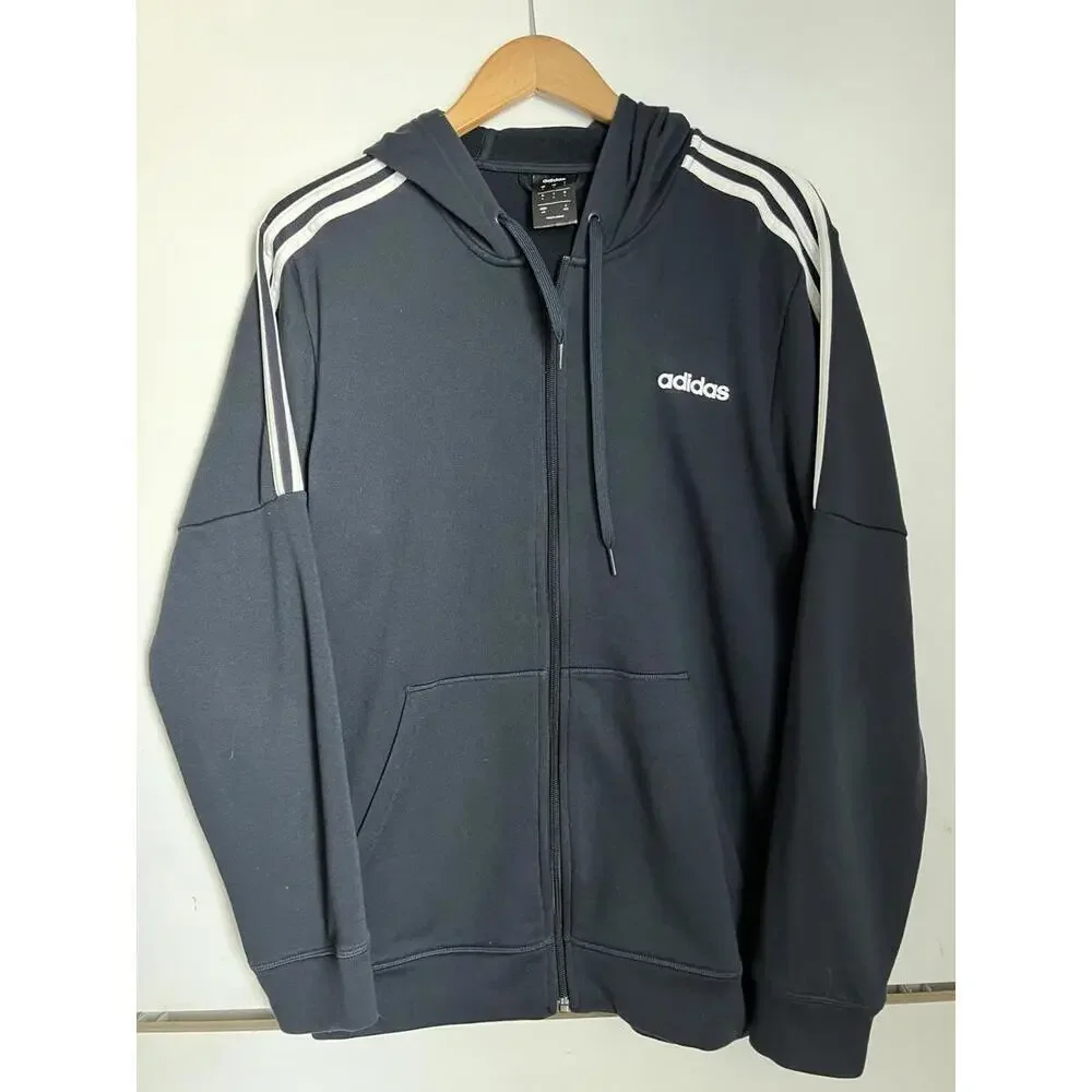 Adidas Men's Large Blue Hoodie White Stripes Track Jacket Sweatshirt Climalite